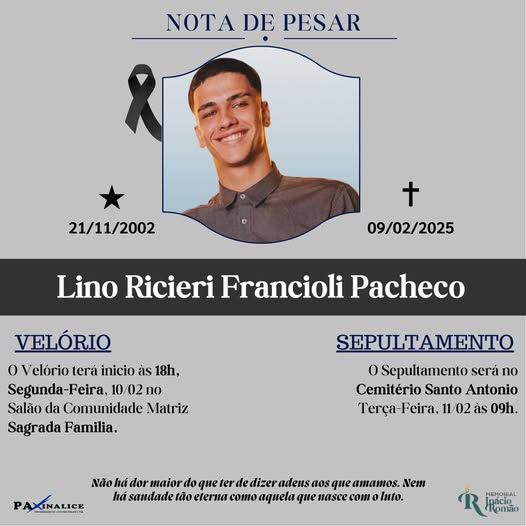 Velório de Lino Ricieri, de 22 anos, vítima de acidente é a partir das 18h, na Igreja Matriz, em Cacoal, RO