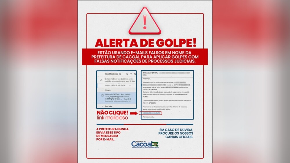Prefeitura de Cacoal alerta sobre “golpe” enviado via link por e-mail