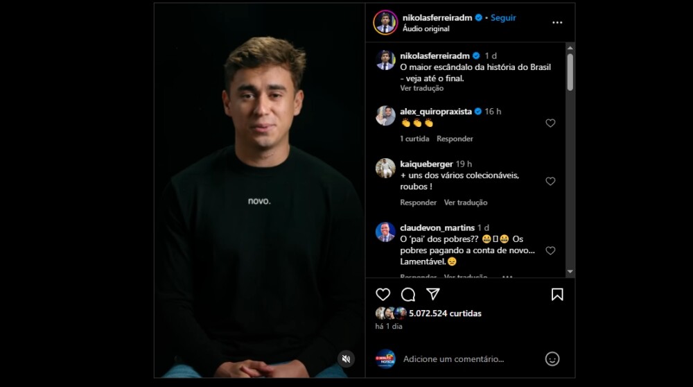 Vídeo de Nikolas sobre roubo dos aposentados soma 80 milhões de visualizações