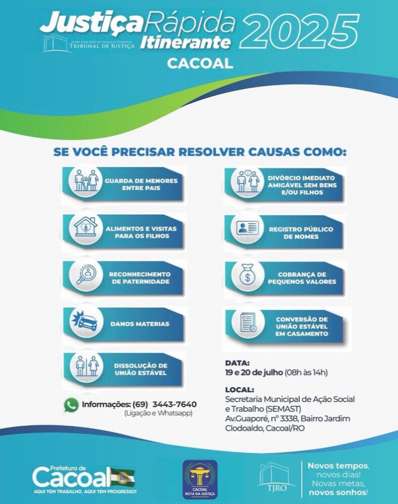 Programa Rota da Justiça Chega a Cacoal com Serviços Gratuitos para a População