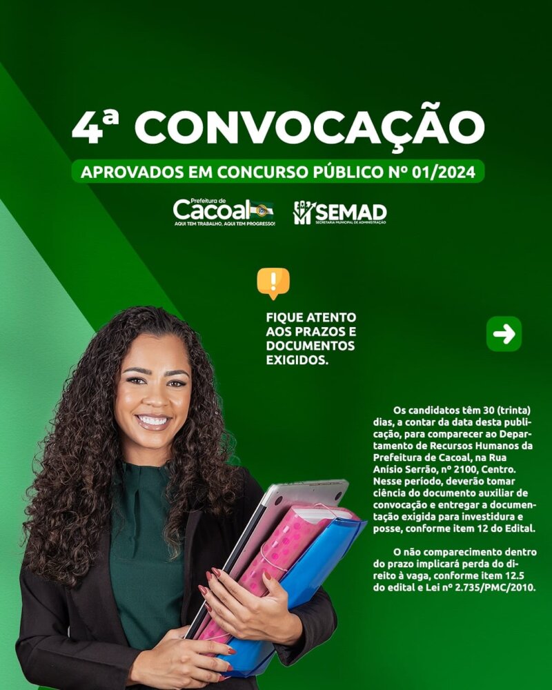 Prefeitura de Cacoal convoca mais 80 aprovados em Concurso Público