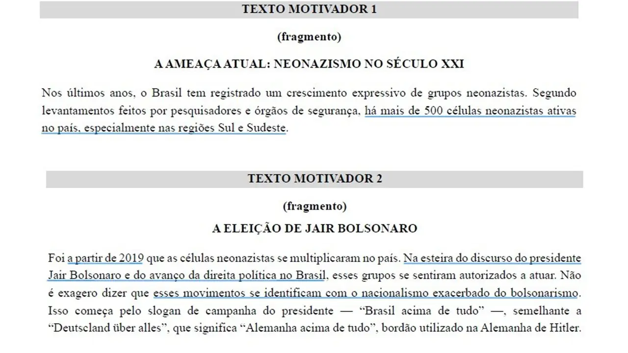 Vestibular de universidade federal associa aumento de neonazismo a Bolsonaro e à direita