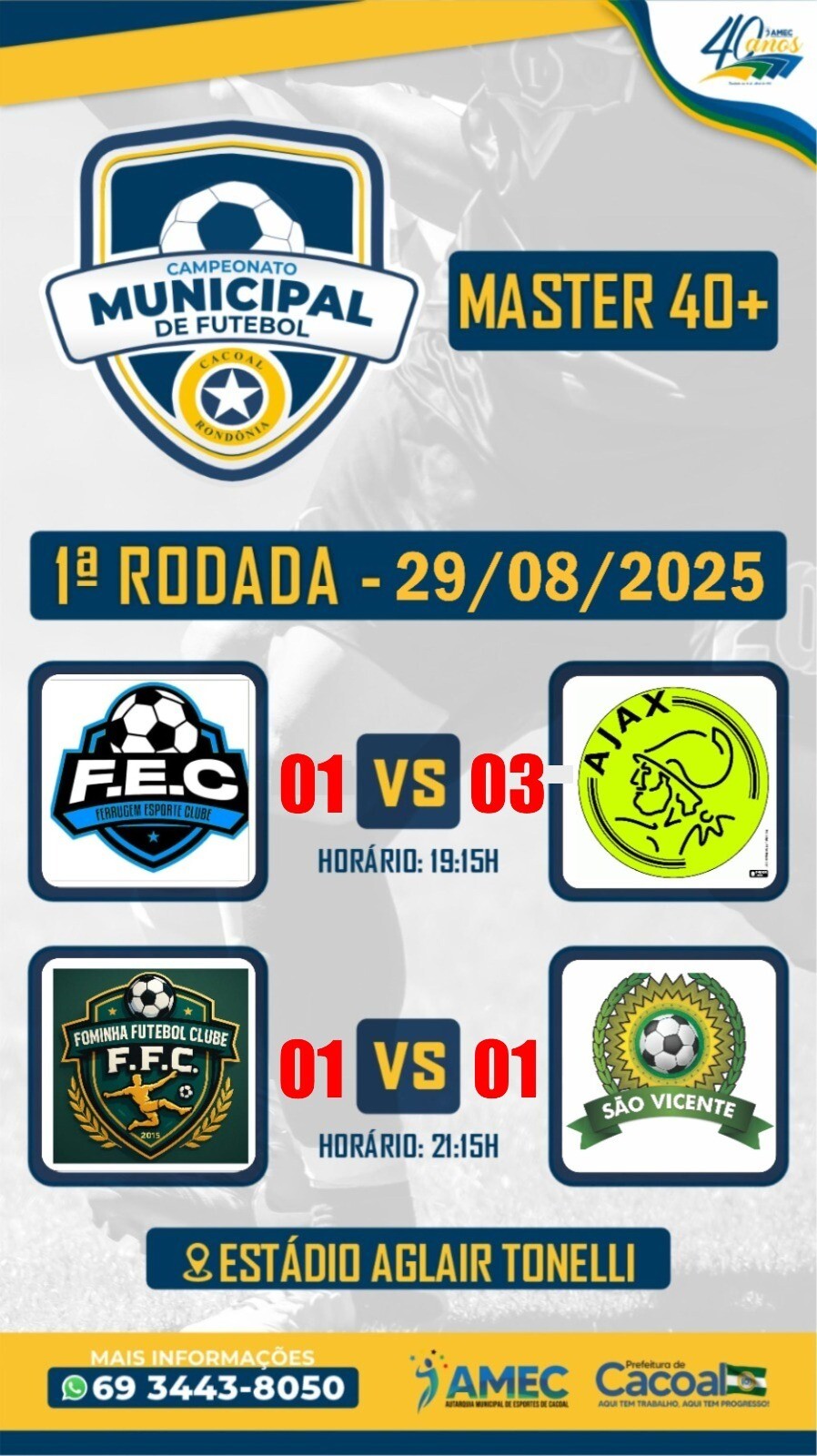 Rodada de estreia do Campeonato Master 40+ de Cacoal tem goleada e empate eletrizante