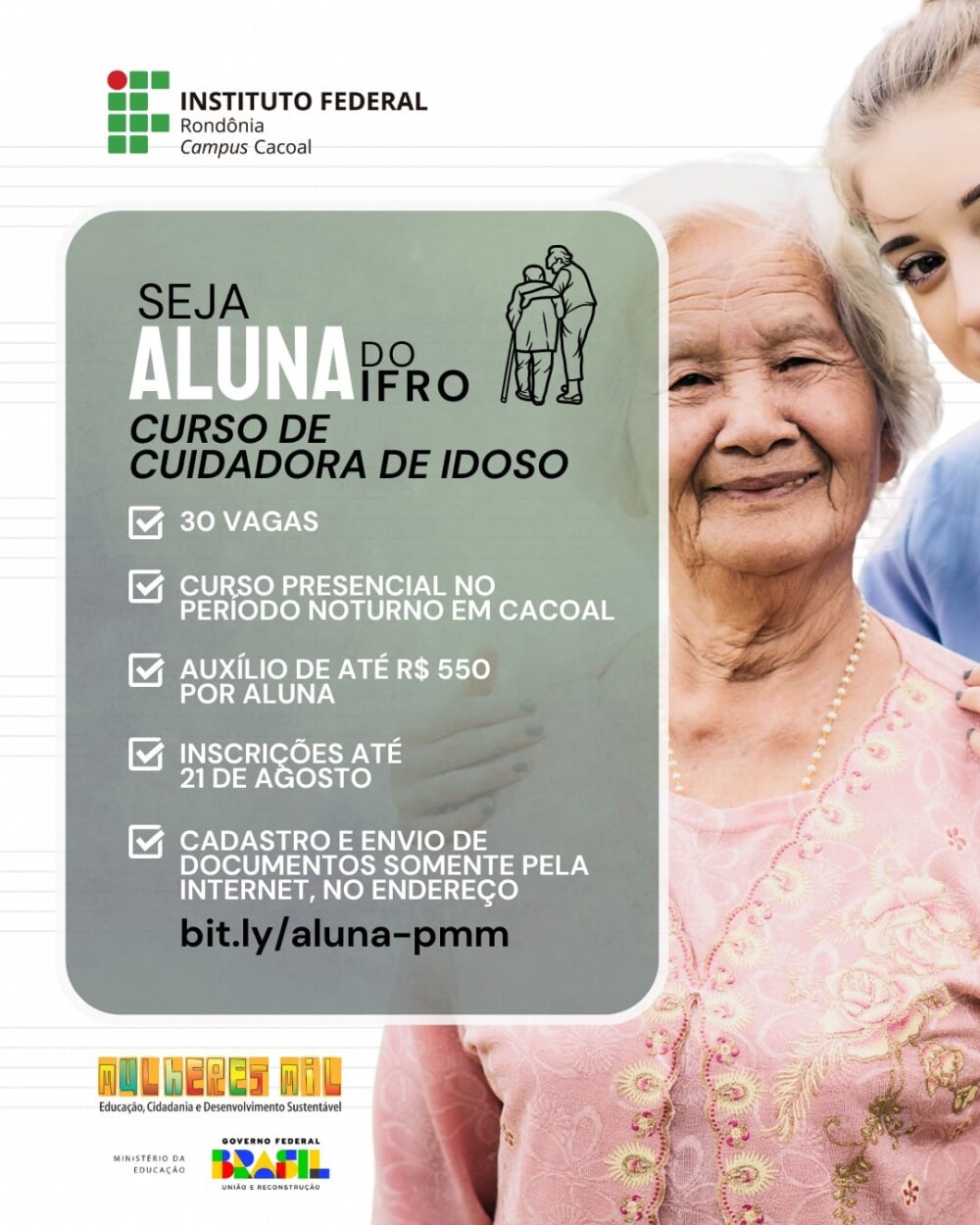 IFRO de Cacoal abre inscrições para curso de Cuidador de Idosos com Bolsa-Auxílio