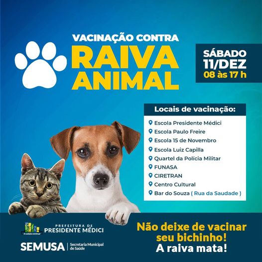 Sábado, 11 de dezembro é dia de vacinação antirrábica em Presidente Médici, RO