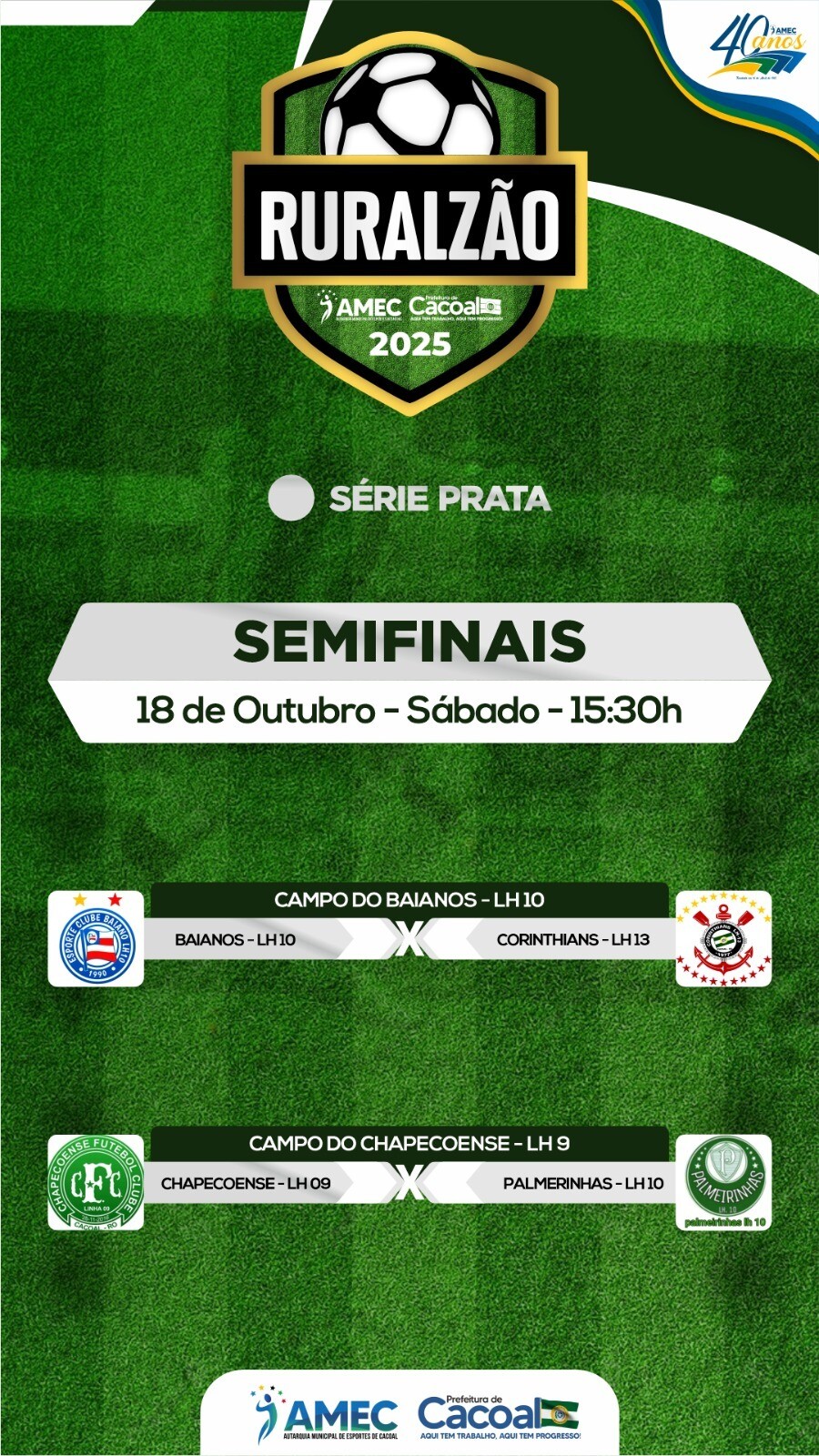 Confirmados os jogos de ida das semifinais das séries Prata e Ouro do Ruralzão