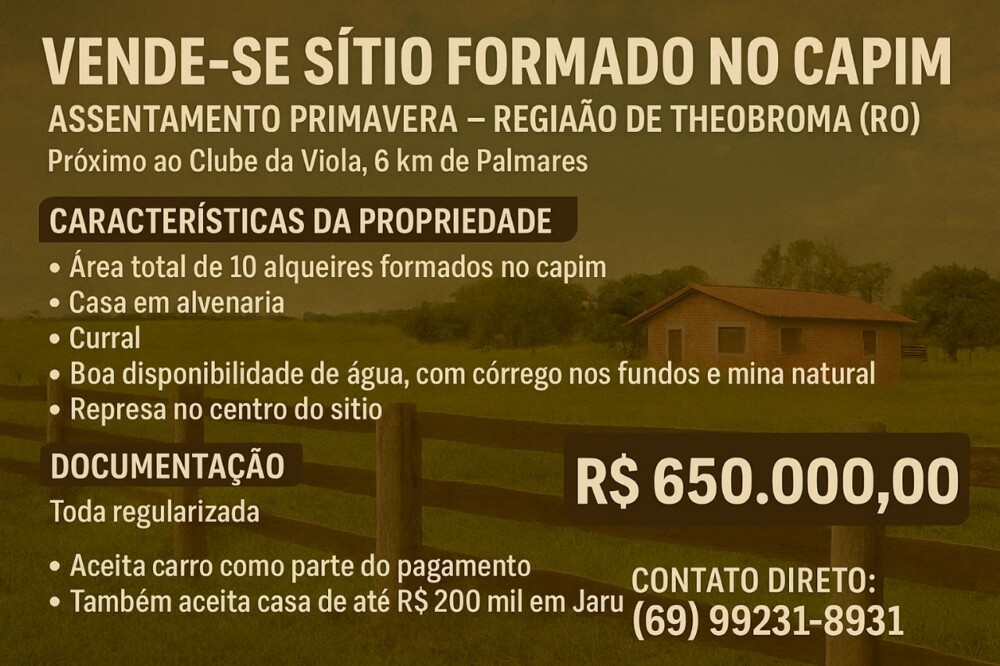 Vende-se Sítio Formado no Capim – Região de Theobroma