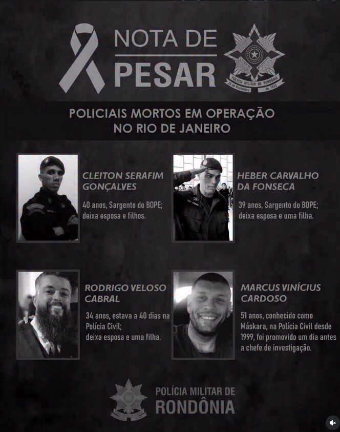 Nota de Pesar da PM/RO as famílias de policiais mortos no Rio de Janeiro