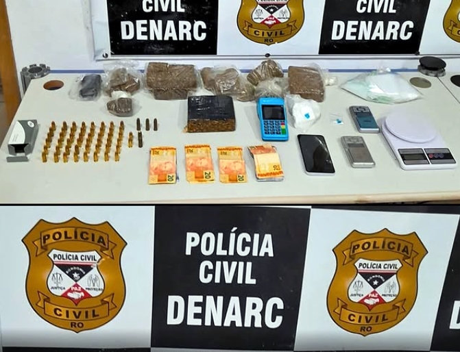 Denarc cumpre mandado, apreende drogas, munições e mulher, em Ji-Paraná