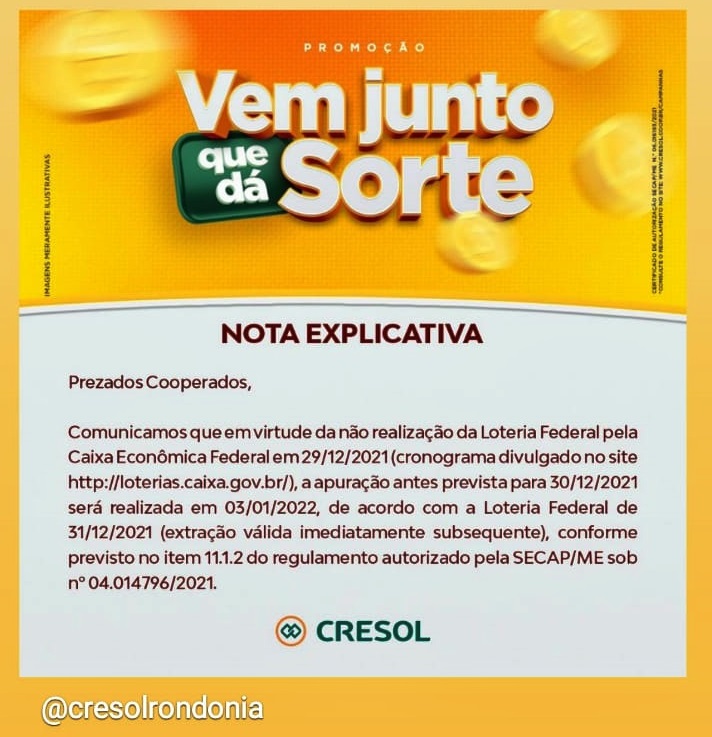 Caixa Econômica não realiza Loteria Federal e Cresol prorroga o sorteio de motocicleta em Rondônia