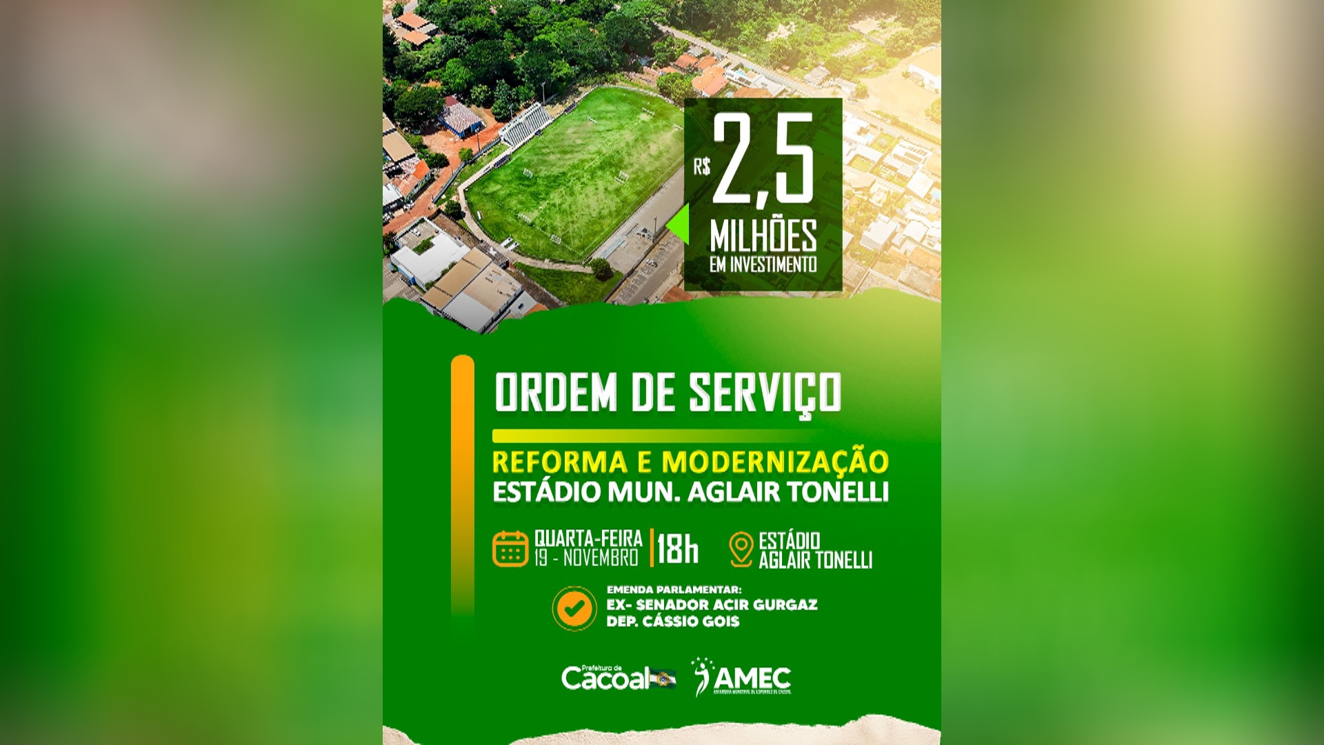 Prefeitura oficializa ordem de serviço para modernização do estádio Aglair Tonelli, em Cacoal