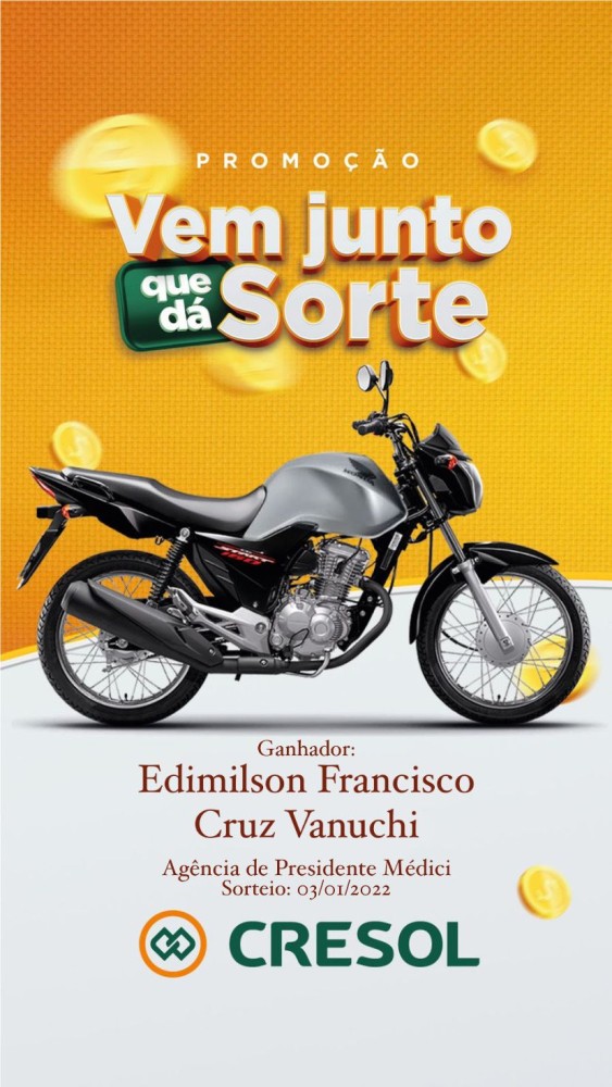 Edimilson Francisco Cruz Vanuchi é o ganhador da motocicleta da Cresol, sorteada no início de 2022