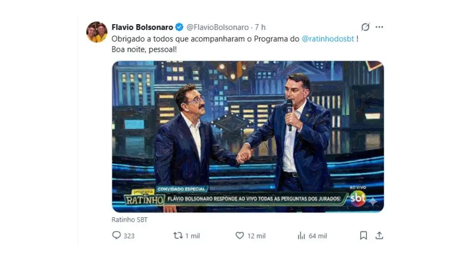 Flávio Bolsonaro vai ao programa do Ratinho em meio a crise entre direita e SBT