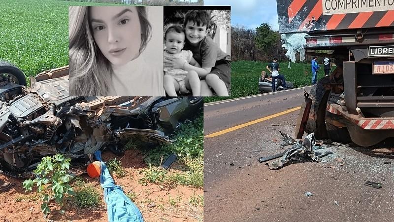 Mãe e dois filhos morrem em grave acidente após caminhonete bater em carreta no MT