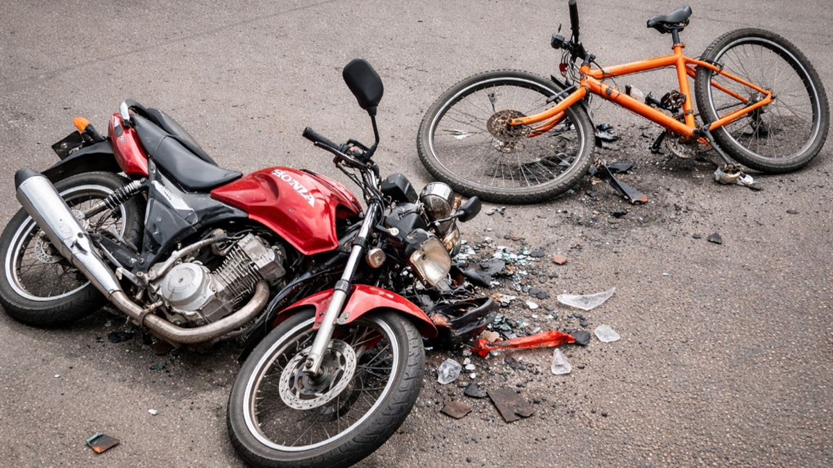 Motocicleta e bicicleta colidem na Avenida JK, em Jaru