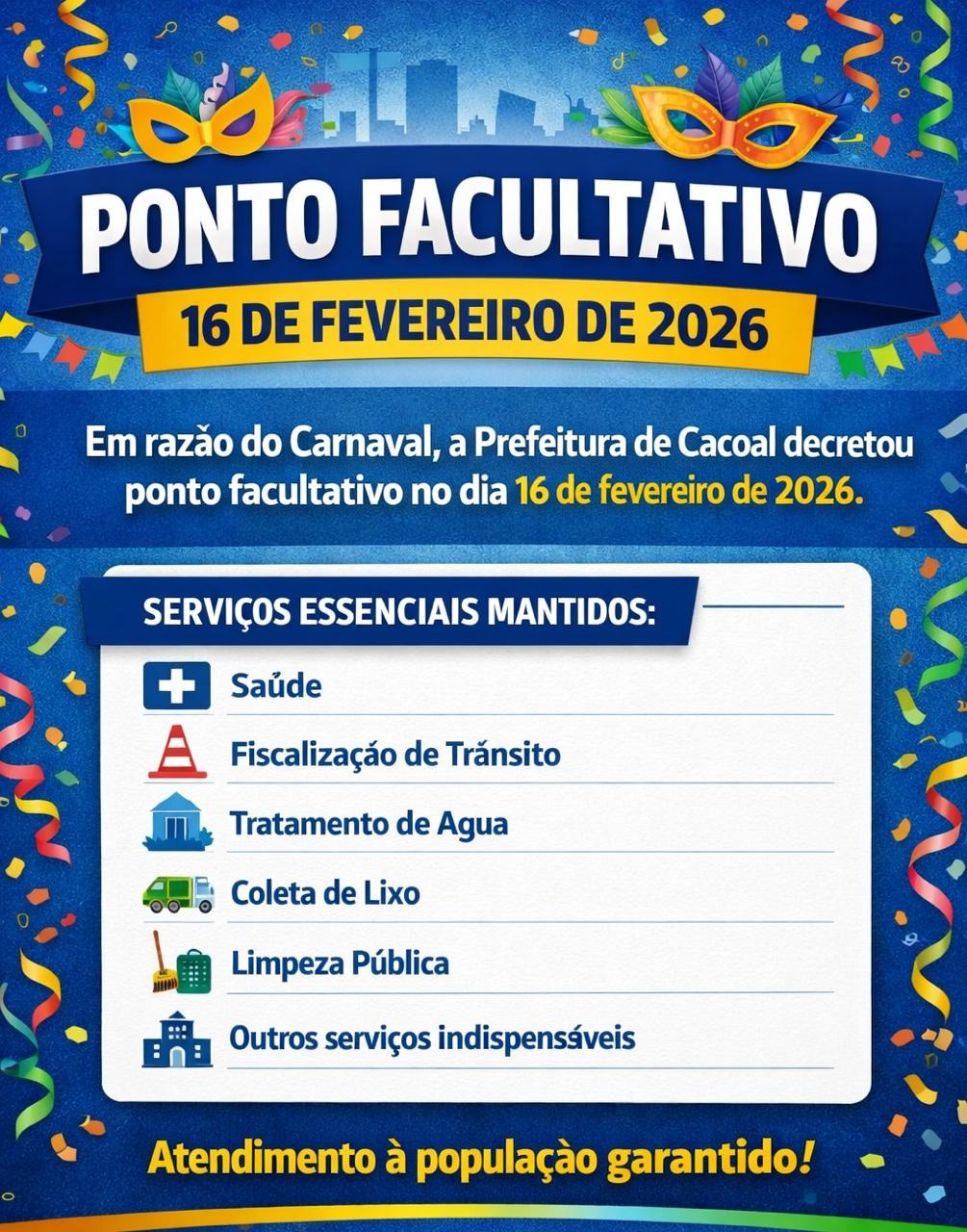 Prefeitura decreta ponto facultativo nesta segunda-feira (19)
