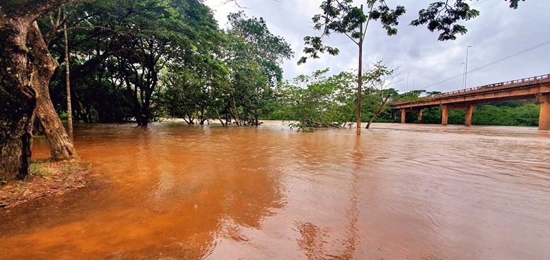 Nível das águas do Rio Jaru estão acima do normal e rio já está fora do leito natural, neste domingo