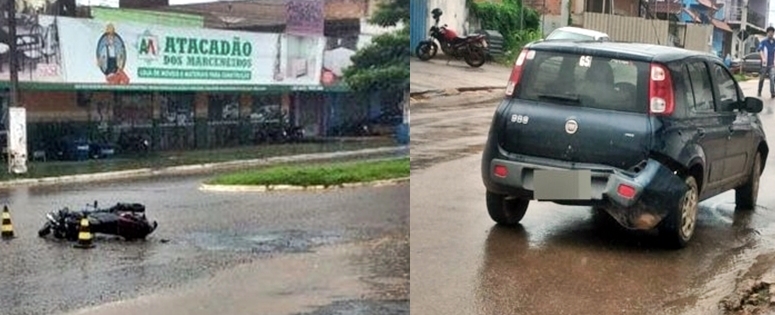 Bombeiros socorrem motociclista que bateu em automóvel, na Dom Pedro I, em Jaru, RO