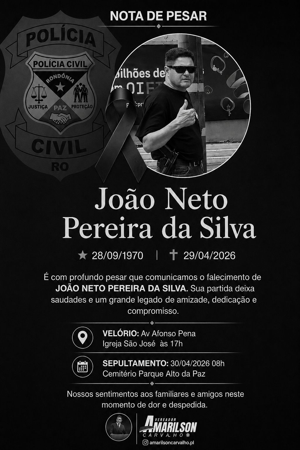 Vereador Amarilson Carvalho emite nota de pesar pela morte de João Neto