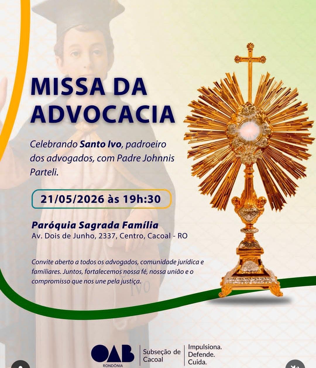 Missa da Advocacia em homenagem a Santo Ivo reúne profissionais do Direito em Cacoal