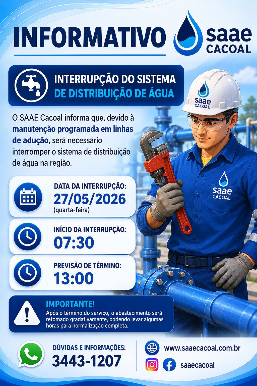 SAAE anuncia interrupção temporária no abastecimento em Cacoal