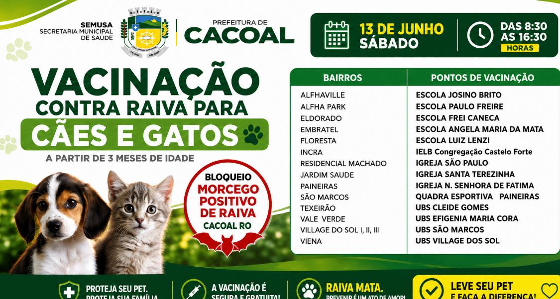 Vacinação antirrábica será realizada em diversos bairros de Cacoal no dia 13 de junho
