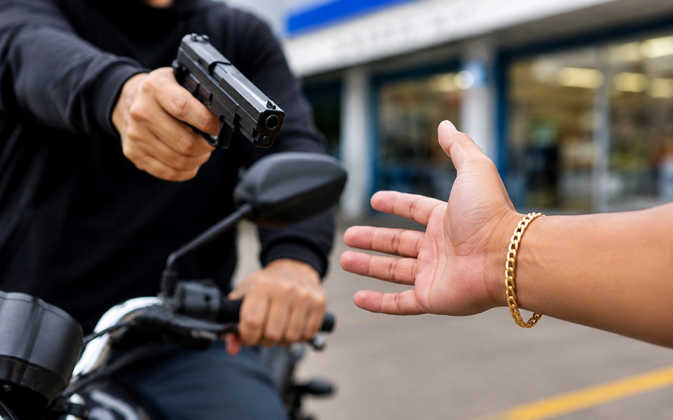 Suspeitos armados roubam pulseira de ouro em frente a supermercado, em Cacoal, RO