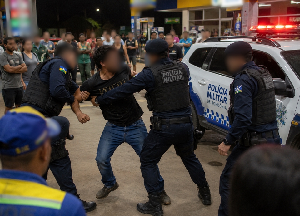 Homem é preso após desacatar policiais e resistir à abordagem em posto de combustíveis, em Cacoal, RO