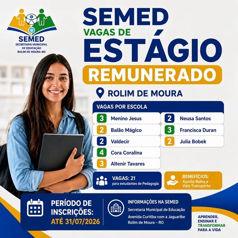 SEMED de Rolim de Moura inicia seleção para 21 vagas de estágio remunerado em Pedagogia