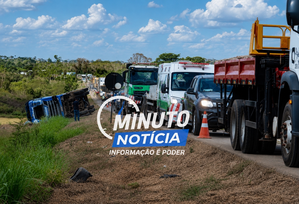 Carreta tomba após colisão com ônibus que transportava pacientes na BR-364