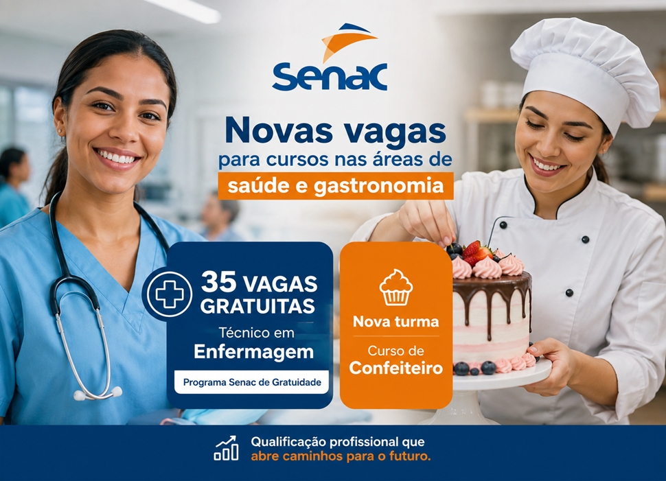 Senac abre 35 vagas gratuitas; cursos de enfermagem e de Confeiteiro
