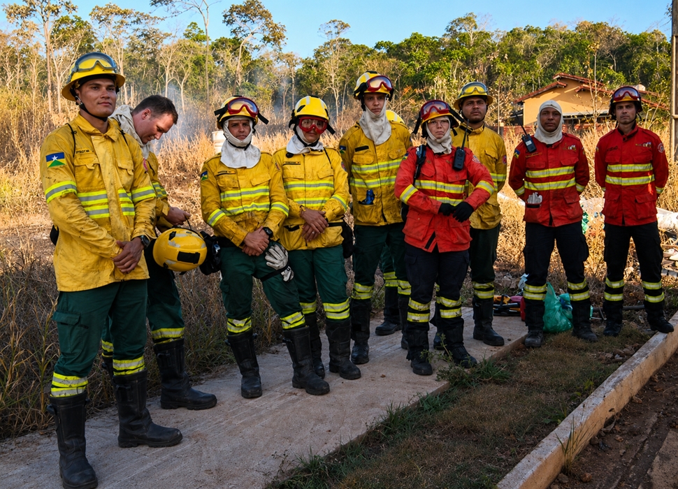 Bombeiros enfrentam terreno acidentado para combater incêndio no Morro da Embratel, em Cacoal, RO