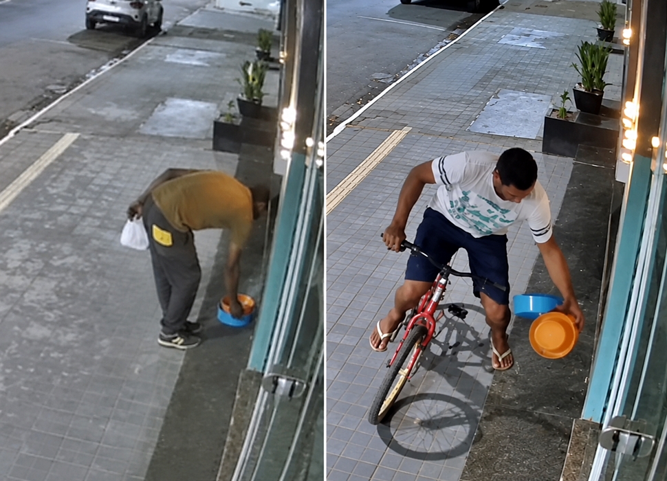 Dois homens são flagrados por monitoramento levando vasilhas destinadas a cães de rua em Cacoal, RO