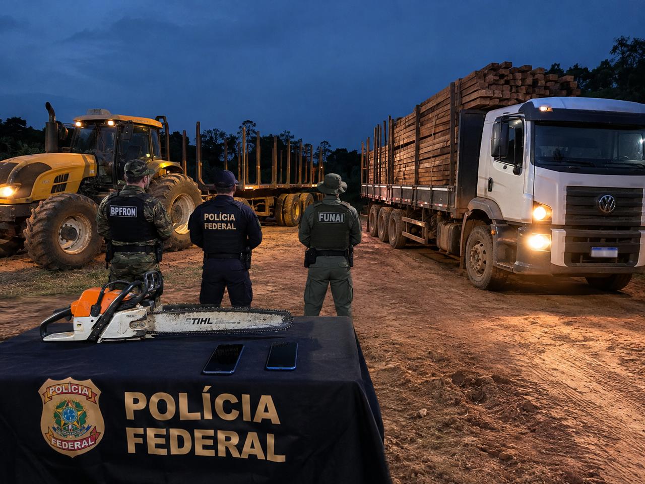 PF apreende trator e caminhão com madeira após flagrante em terra indígena em Nova Mamoré