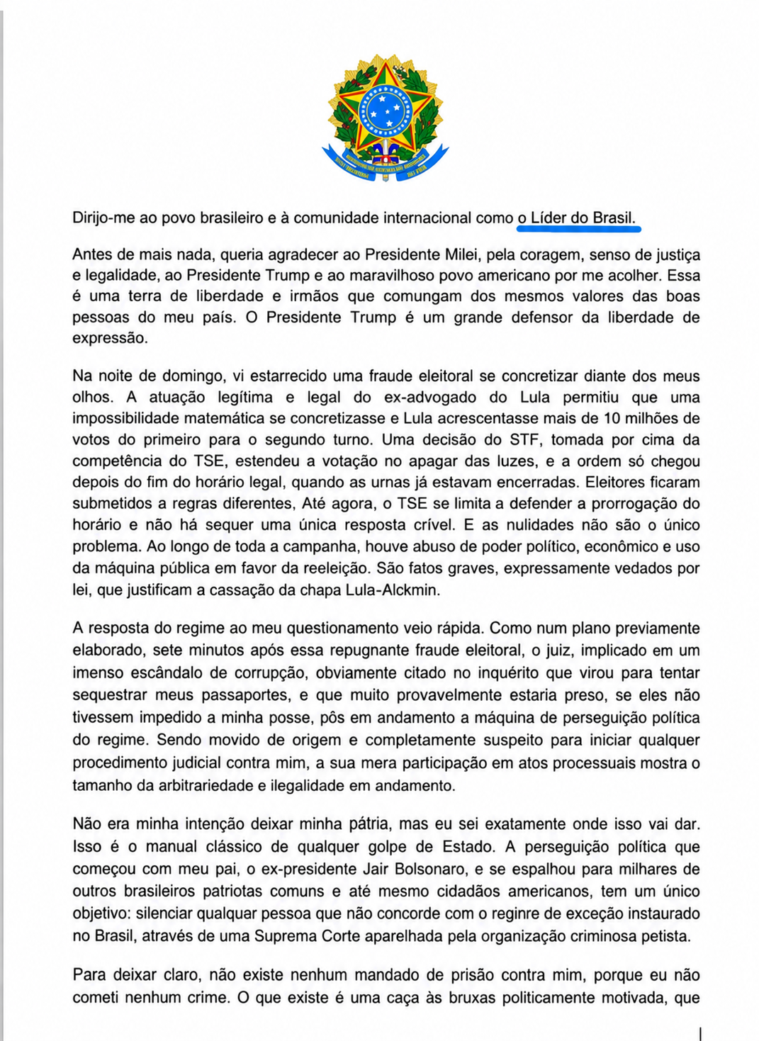 Íntegra da carta divulgada por Flávio Bolsonaro — versão revisada