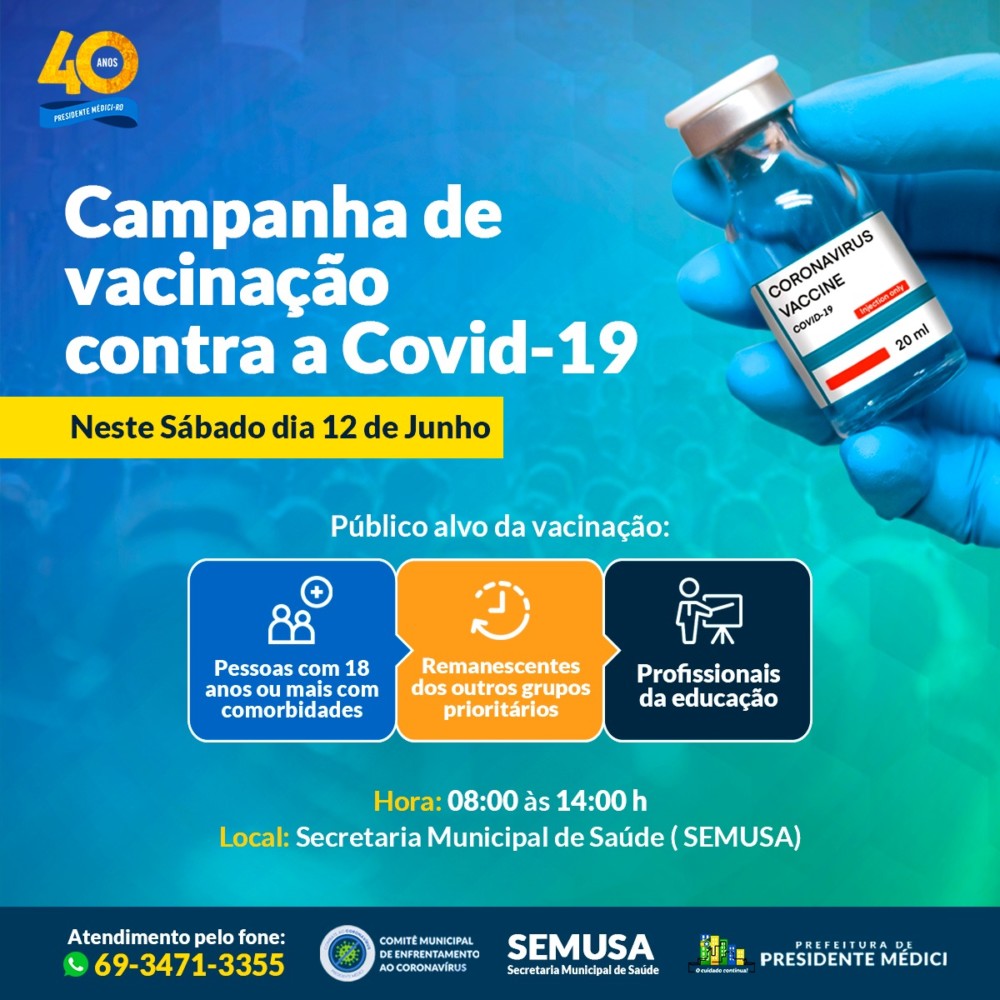 Vacinação para pessoas acima de 18 anos, com comorbidades, profissionais da educação e remanescentes é hoje, em Presidente Médici, RO