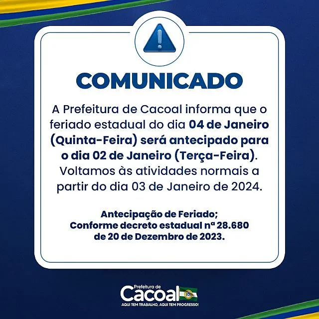 Prefeitura de Cacoal assina decreto de antecipação de feriado de 04 de janeiro para esta terça-feira, 02