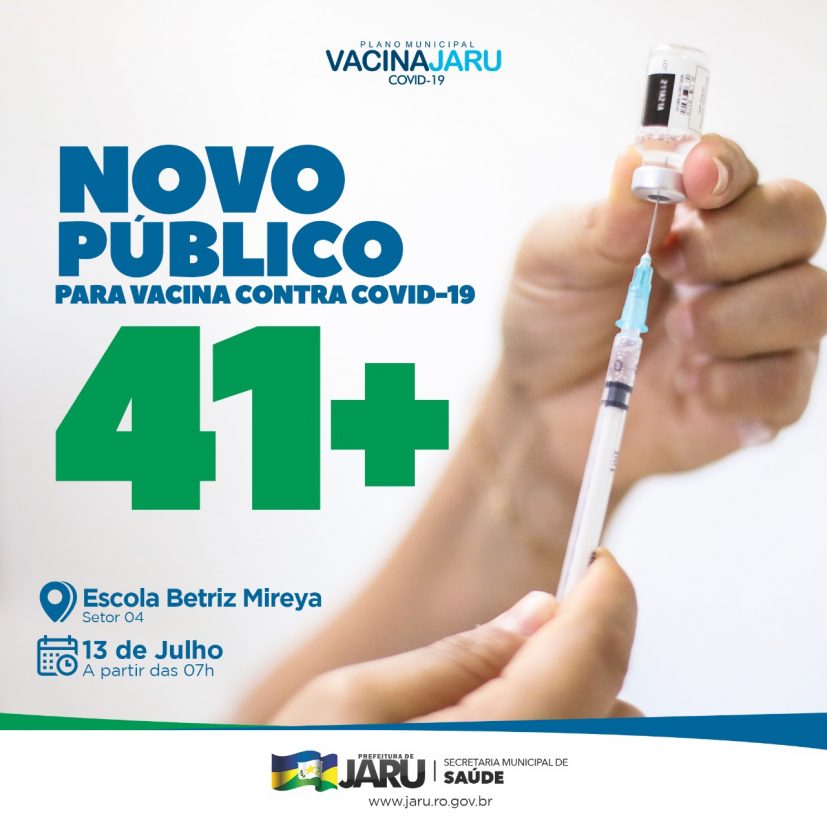 Jaruenses maiores de 41 anos poderão ser imunizados contra o Coronavírus a partir desta terça-feira, 13