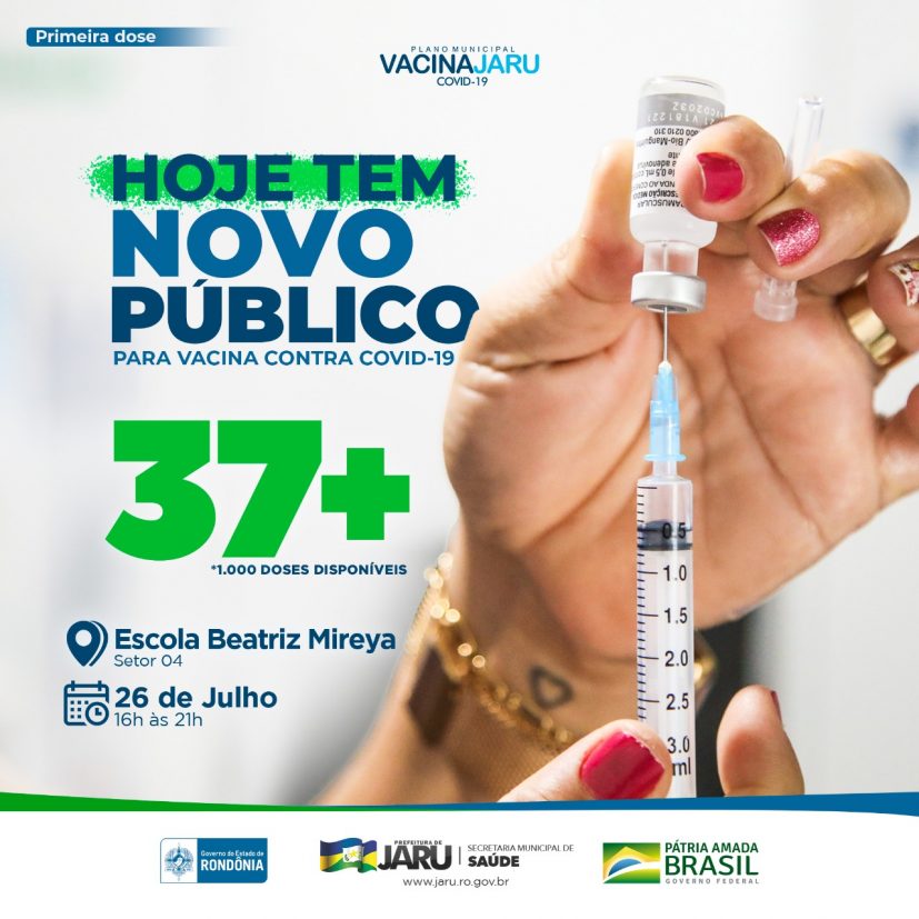 Jaruenses maiores de 37 anos já podem ser imunizados com a 1ª dose da vacina contra a Covid-19