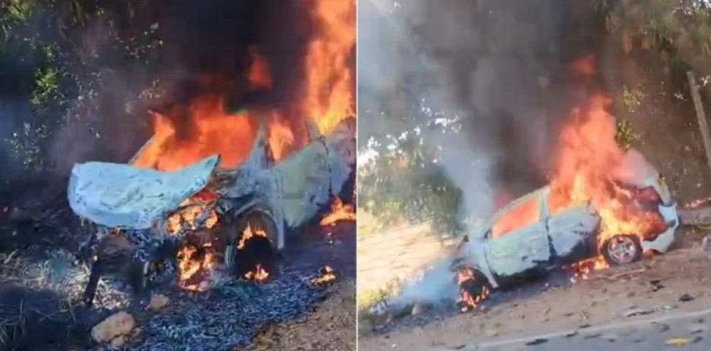 Veiculo taxi pega fogo após colisão na RO-470 que dá acesso ao Vale do Paraíso