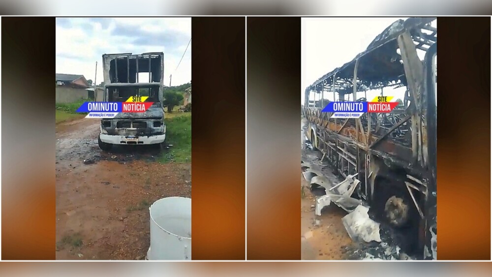 Caminhão baú e ônibus incendiado em Mirante da Serra, nesta madrugada de terça-feira